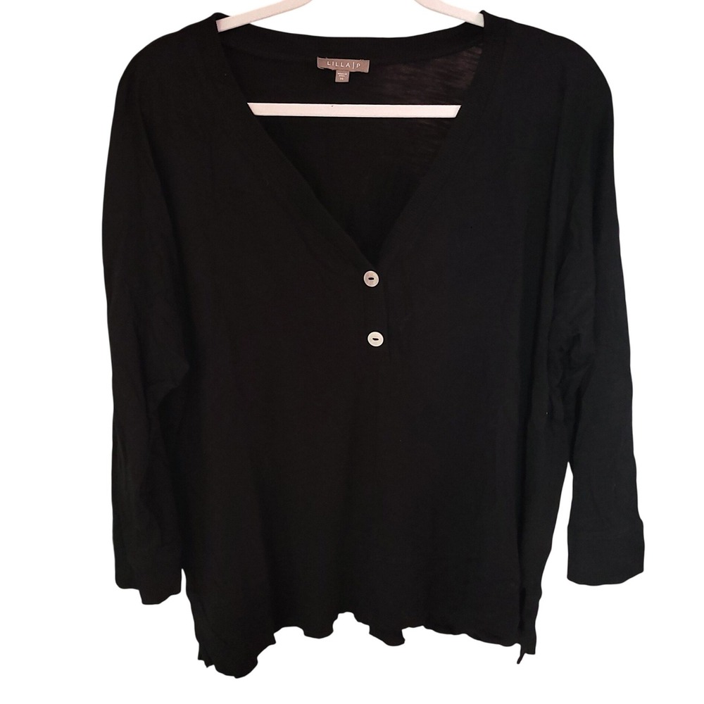 Lilla P Black Cotton Modal V-Neck Henley Long Sleeve Top Womens XL Casual Staple